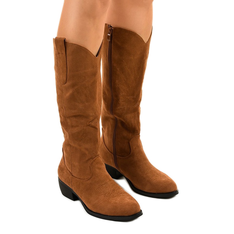 Cizme înalte din piele cămilă de la cizme de cowboy Evelralla maro multicolor