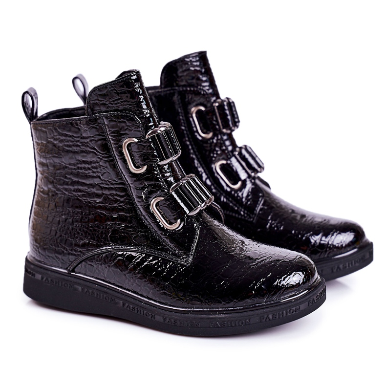 PL1 Cizme calde pentru copii lăcuite cu model animal negru Maya