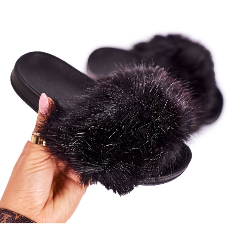 PS1 Papuci negri Fashionista din blană pentru copii negru