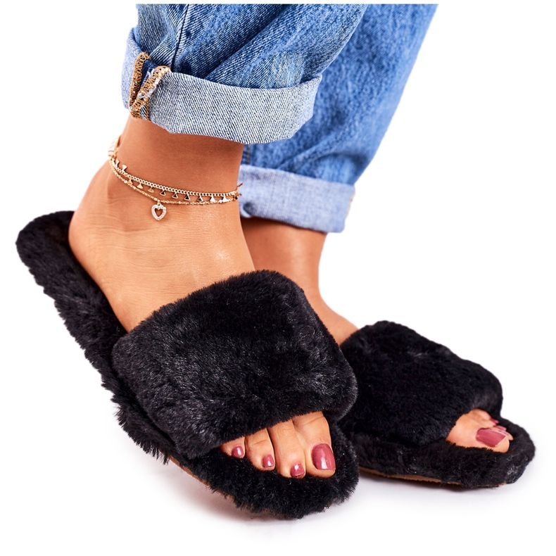 FJ1 Papuci de blană neagră pentru femei Cold Days negru