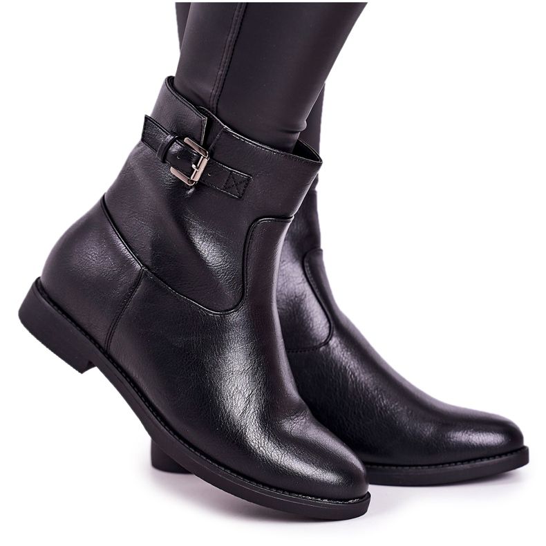 PJ1 Cizme de damă negre la jumătatea căiii cu cataramă negru