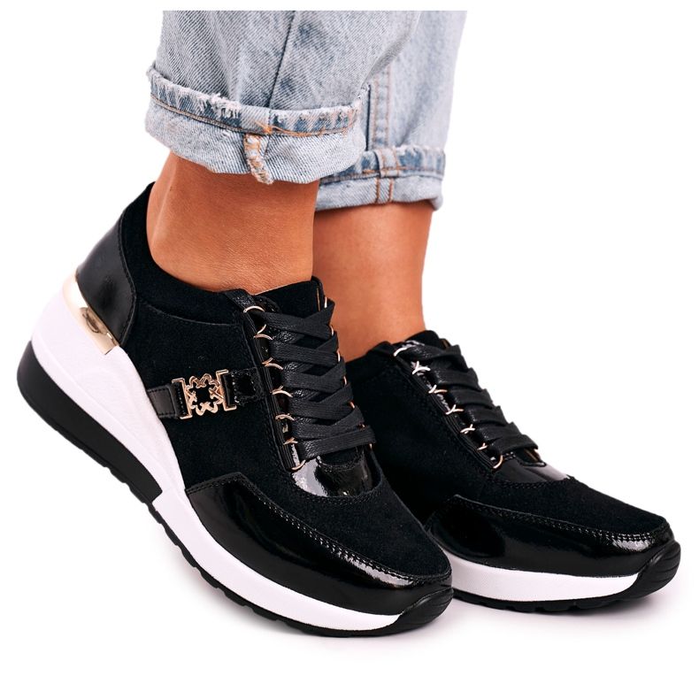 S.Barski Adidași de piele pentru femei din piele negru auriu Roxette de aur