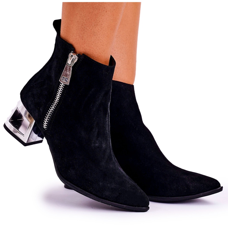 Nicole Cizme de damă pe toc argintiu piele de căprioară neagră negru