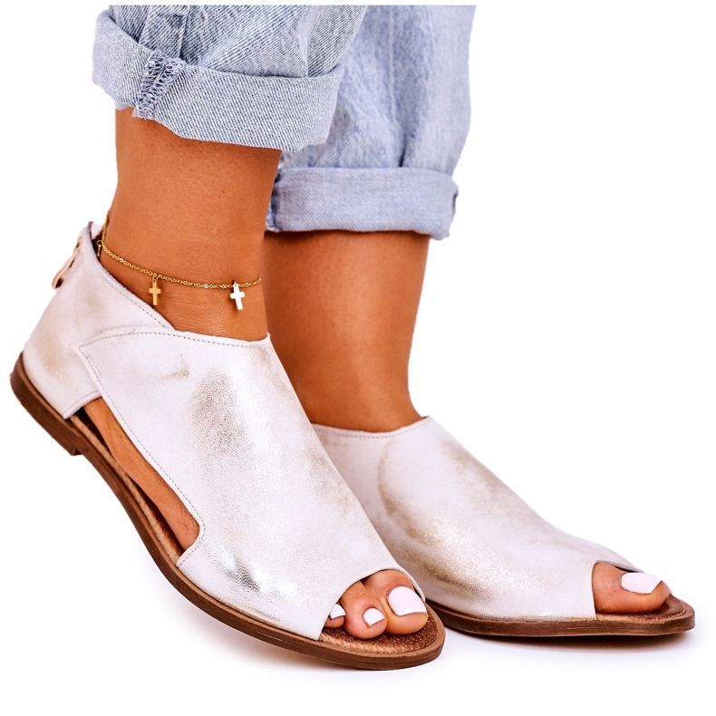 Nicole Sandale plate din piele pentru femei Alb Natalie de aur