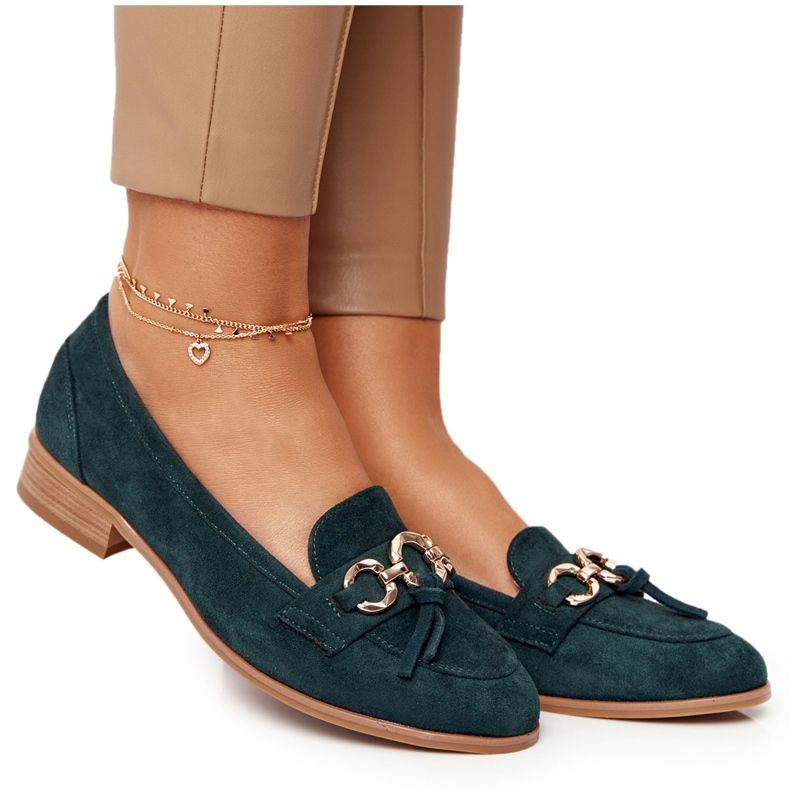 Mocasini dama elegante Vinceza 10585 Suede Green verde de aur