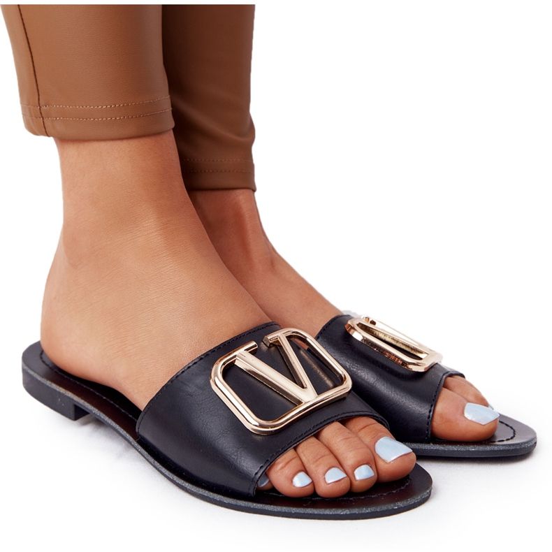 PS1 Papuci clasici negri pentru femei Vicky negru de aur PS1 Papuci clasici negri pentru femei Vicky negru de aur