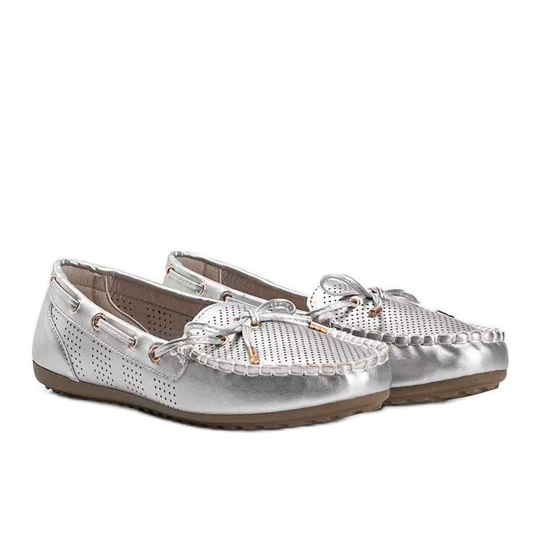 Mocasini argintii din piele ecologică, ajurată Esther