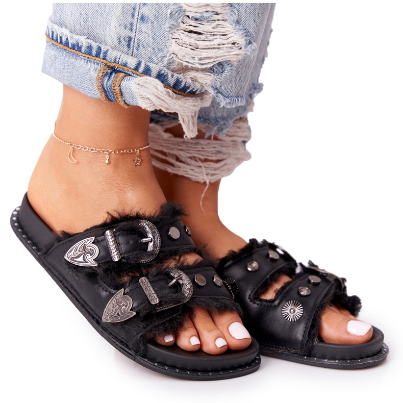 PS1 Papuci cu catarame și blană Lydia negru