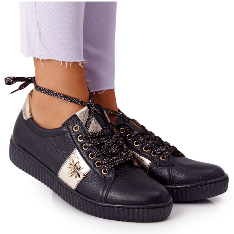 Lewski Shoes Adidași din piele pentru femei Încălțăminte Lewski 2786-0 Negru-Auriu de aur