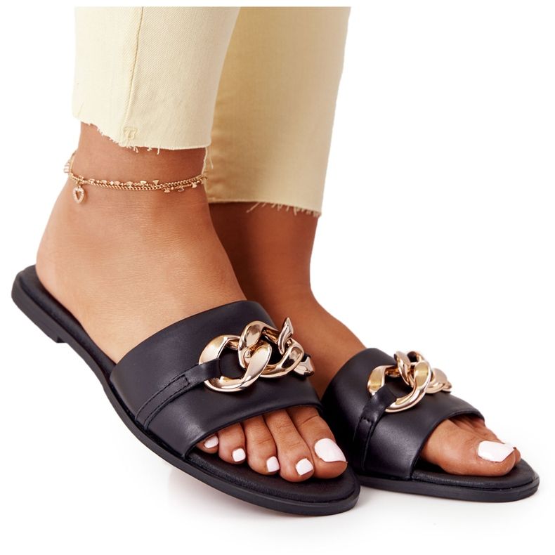 Papuci din piele cu lanț Nicole 2652 Negru