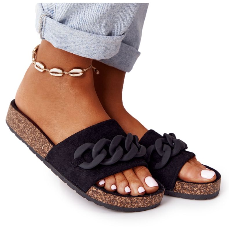 MSMG Papuci negri din piele de căprioară Makayla pe talpa de plută negru