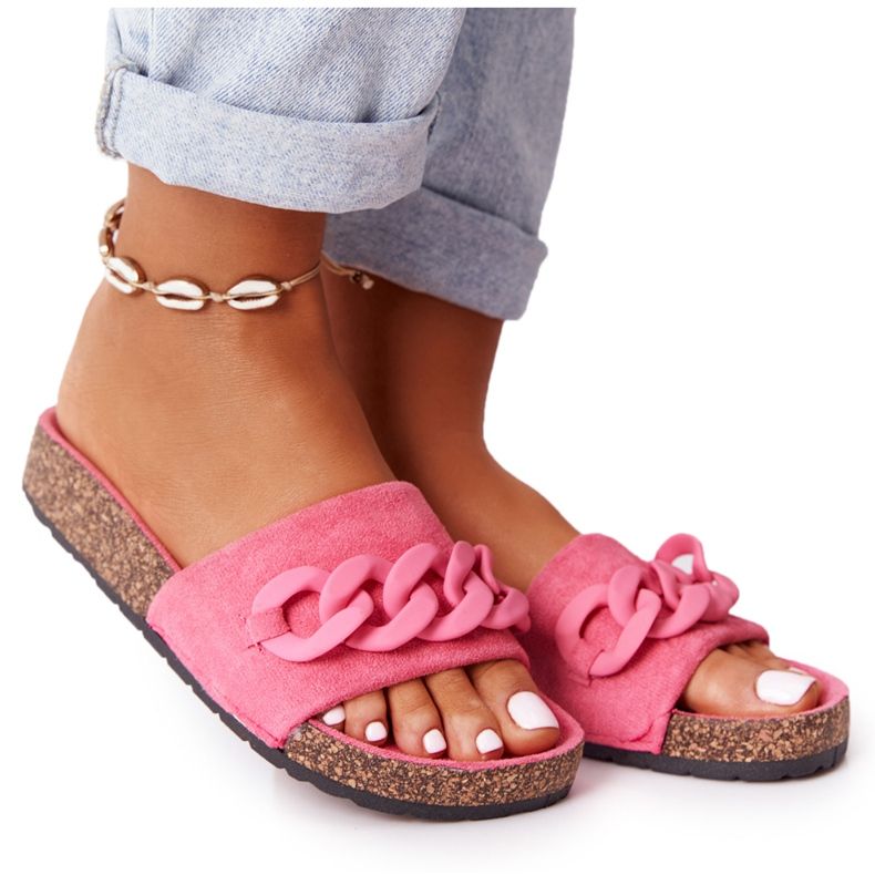 MSMG Papuci din piele de căprioară Makayla roz pe talpa de plută MSMG Papuci din piele de căprioară Makayla roz pe talpa de plută