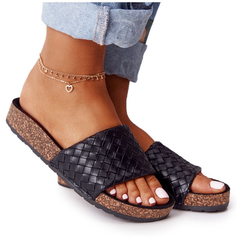 MSMG Papuci negri din piele Catalina pe talpa de plută negru