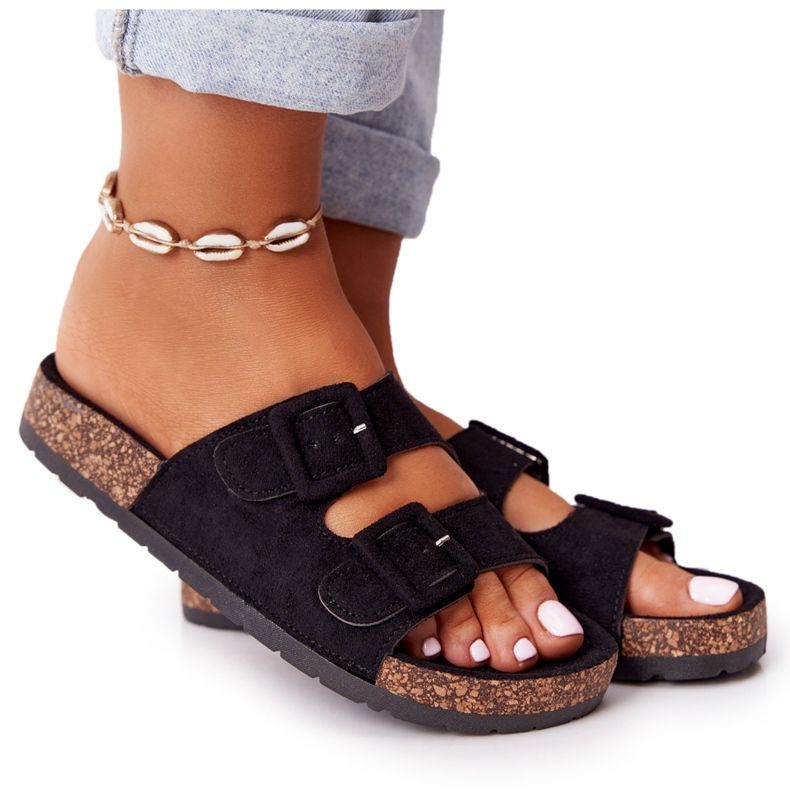 MSMG Papuci negri din piele de căprioară Jennifer pe talpă de plută negru