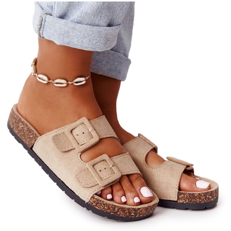 MSMG Papuci din piele intoarsa Jennifer Beige pe talpa de pluta bej