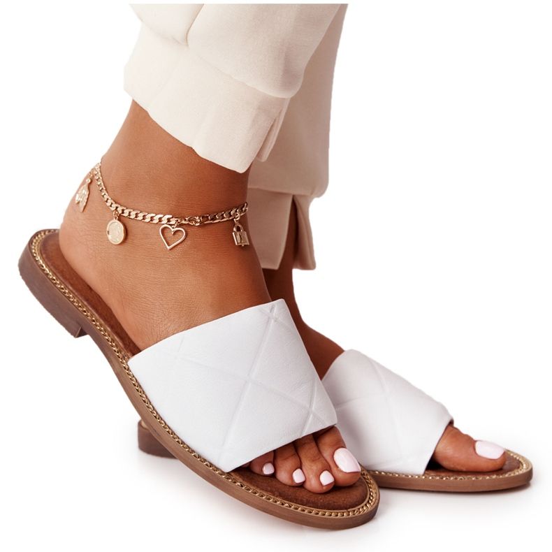 Papuci din piele cu matlasare Nicole 2650 White alb