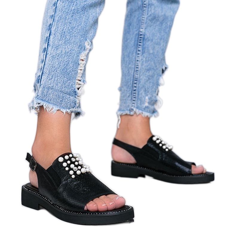 Sandale negre cu perle Like A Woman negru