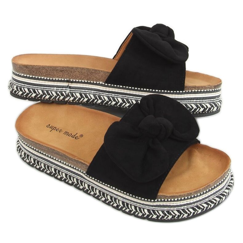 Negru 7705 Papuci negri pe talpa decorată