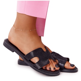 EVE Papuci din piele cu zirconiu cubic Modena neagră negru EVE Papuci din piele cu zirconiu cubic Modena neagră negru