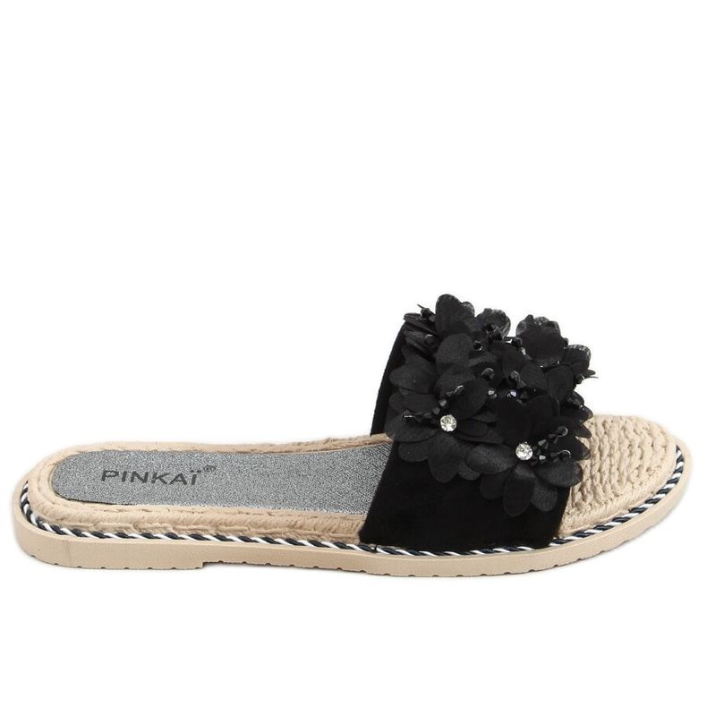 Negru LS003 Papuci negri cu flori Negru LS003 Papuci negri cu flori
