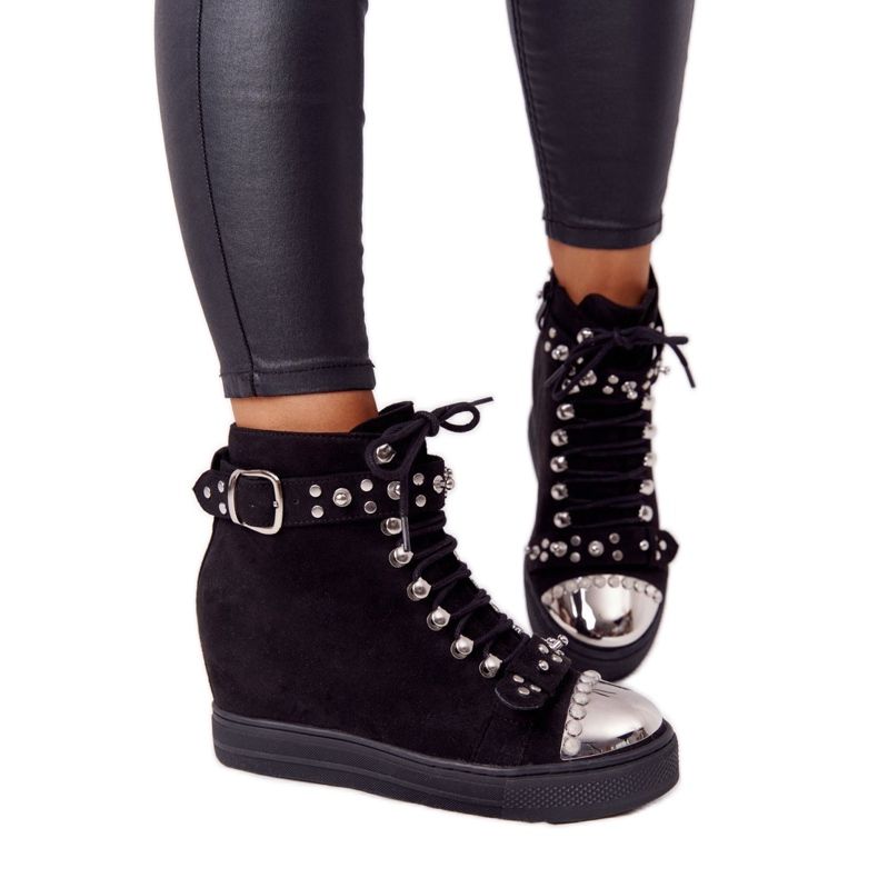 Cizme negre din piele de căprioară negre Lu Boo cu pietre de stras negru