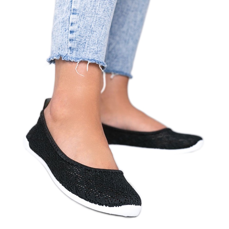 Balerini din țesătură neagră cu model ajurat Rylee negru