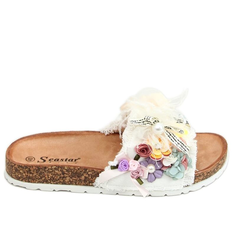 Papuci de plută albi cu flori BG61P Alb Papuci de plută albi cu flori BG61P Alb