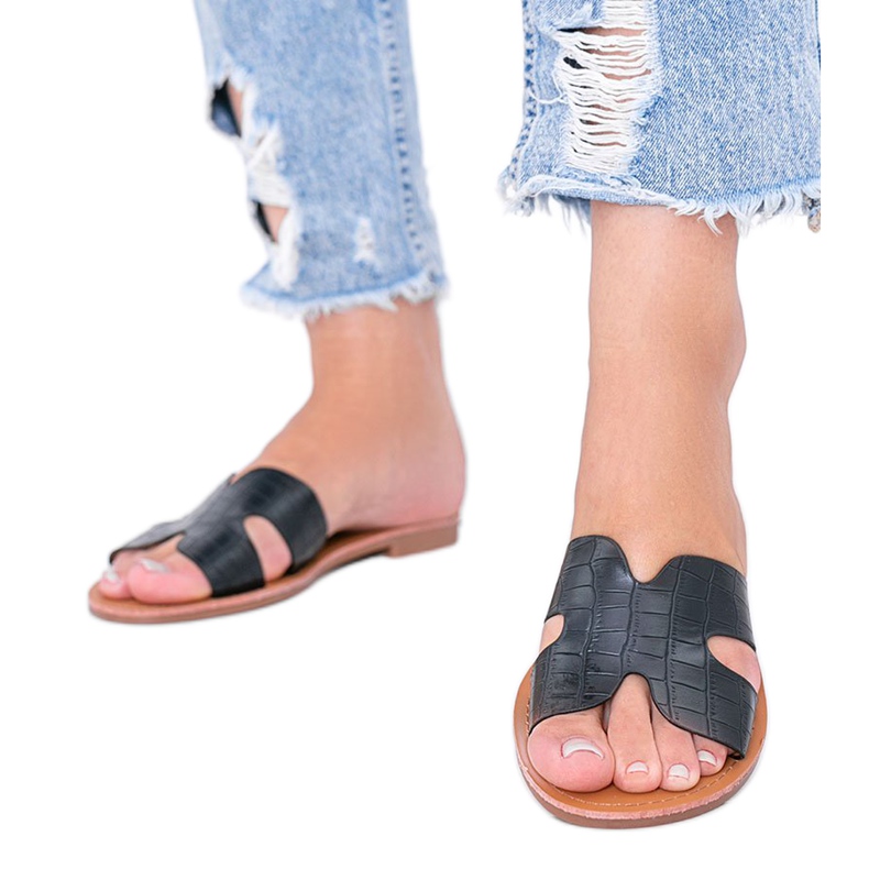 Papuci cu model din piele de crocodil Phoenix negru