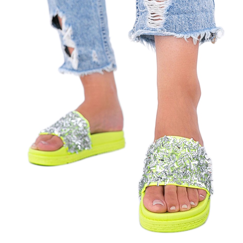 Papuci verde neon cu zirconiu cubic Love Bling Papuci verde neon cu zirconiu cubic Love Bling
