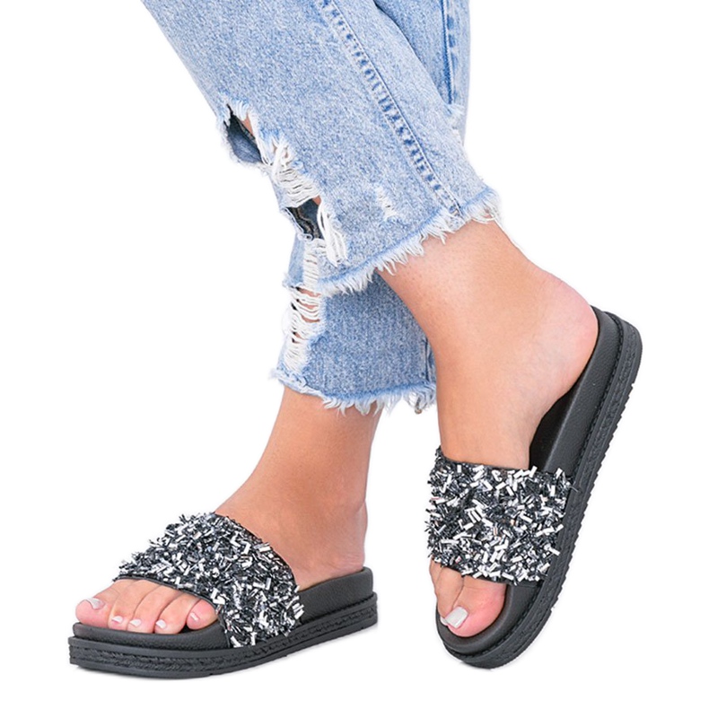 Papuci negri cu zirconiu cubic Love Bling negru