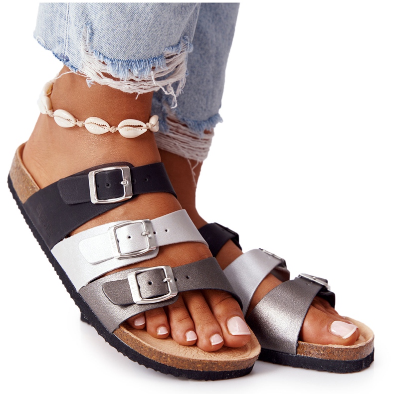 Papuci din piele cu profil Big Star HH274588 Negru și Argintiu