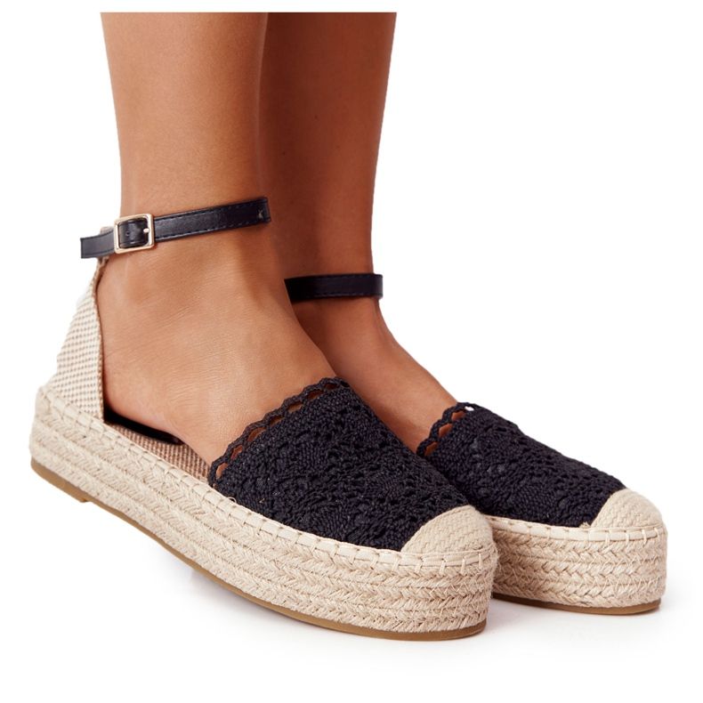 Espadrile din dantelă pe o platformă Larissa neagră împletită bej negru Espadrile din dantelă pe o platformă Larissa neagră împletită bej negru