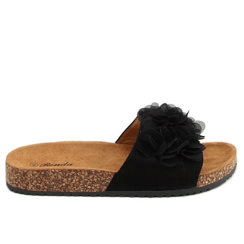 Papuci negri din plută cu flori 620-73 Negru Papuci negri din plută cu flori 620-73 Negru