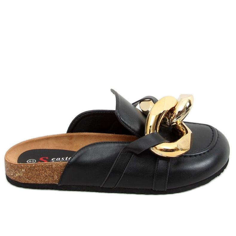 Papuci negri T397 negri cu lanț gros negru Papuci negri T397 negri cu lanț gros negru