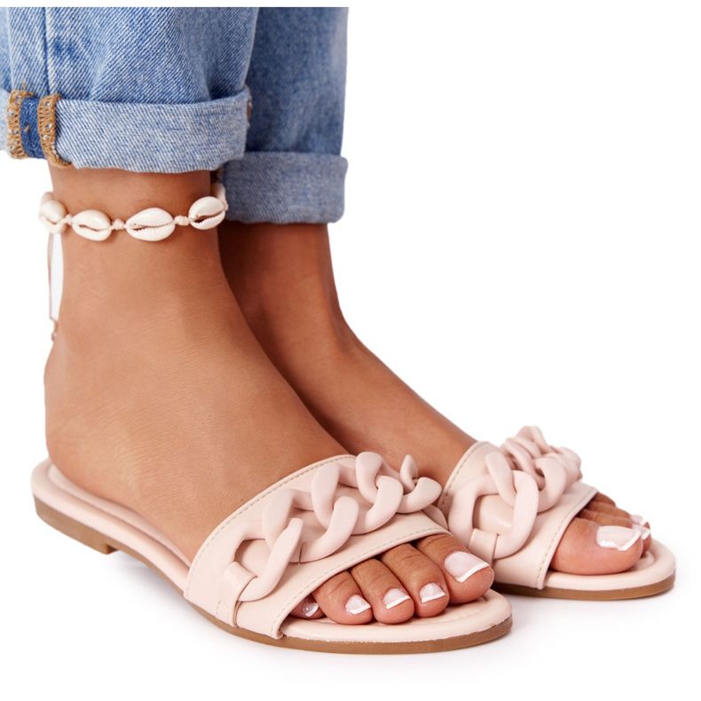 PS1 Papuci din piele cu un lanț bej pas cu pas