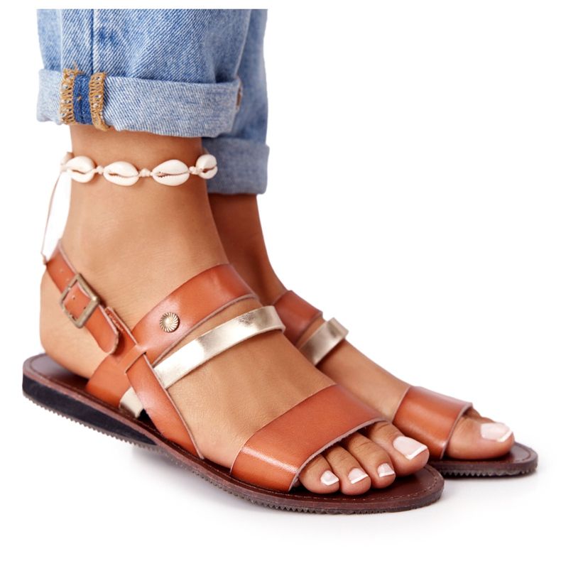 PE1 Sandale plate pentru femei, maro și auriu Doris de aur