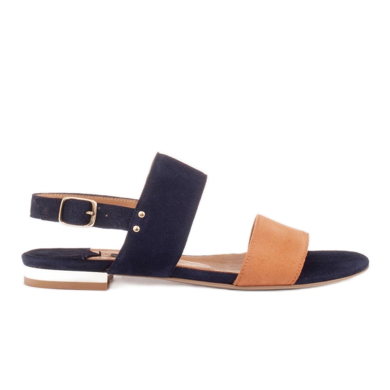 Marco Shoes Sandale plate din piele intoarsa naturala cu toc metalic bej albastru marin