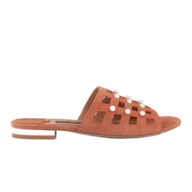 Marco Shoes Papuci eleganti pentru femei cu perle si perforatie portocale Marco Shoes Papuci eleganti pentru femei cu perle si perforatie portocale