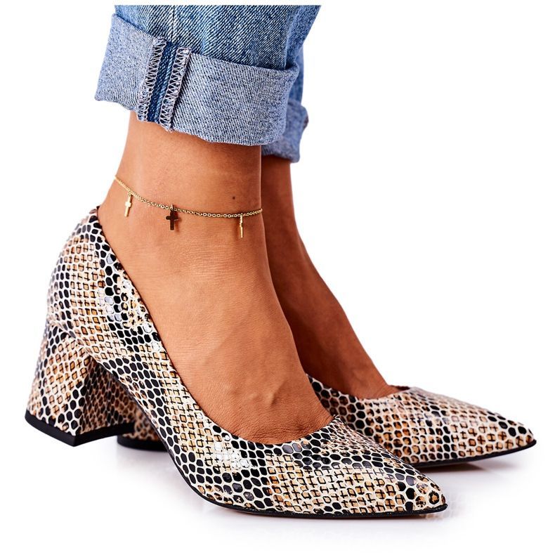 Pompe din piele cu model animal Pantofi Lewski 2801 Negru-Bej