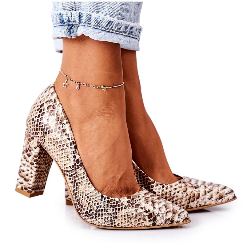 Lewski Shoes Pompe din piele cu model de piele de șarpe Pantofi Lewski 2453 Aurii de aur