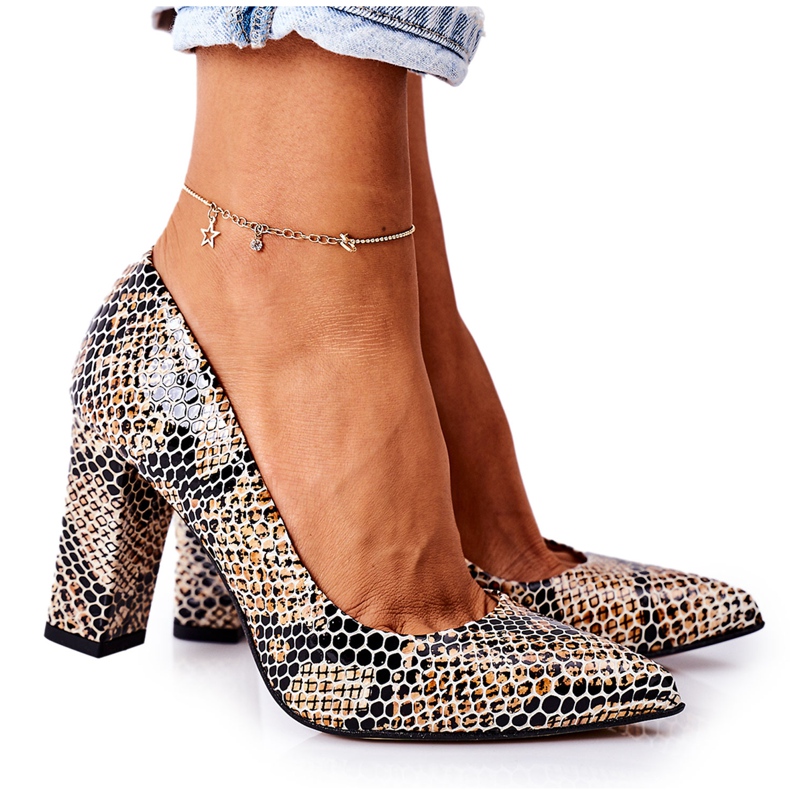 Lewski Shoes Pompe din piele cu model animal Pantofi Lewski 2453 Negru-bej