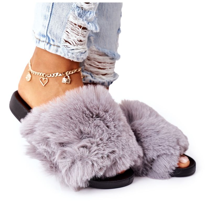 FJ1 Papuci din cauciuc cu blană gri moale