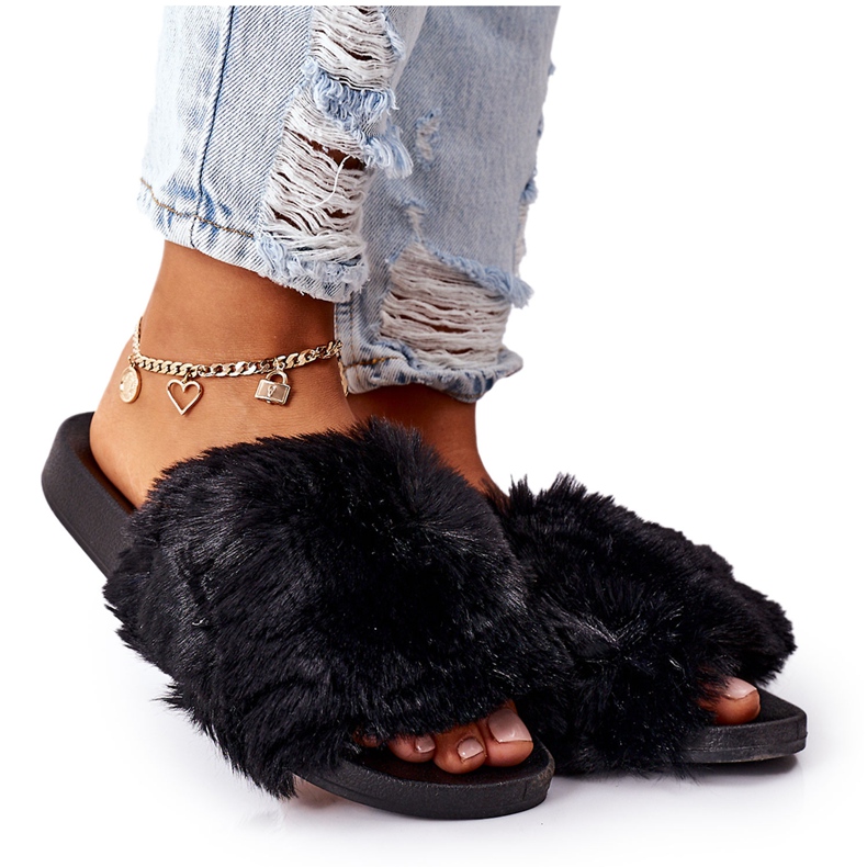 FJ1 Papuci din cauciuc moale negru cu blană