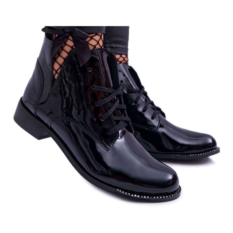 Cizme de damă pe toc plat Lacate negre Nicole 2420 negru