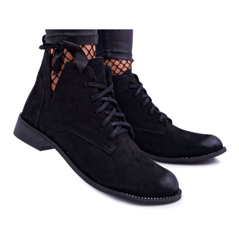 Cizme de damă pe toc plat Nubuck Negru Nicole 2420
