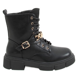 Ghete militare cu lanț negru HB-106 PU / BLACK Ghete militare cu lanț negru HB-106 PU / BLACK