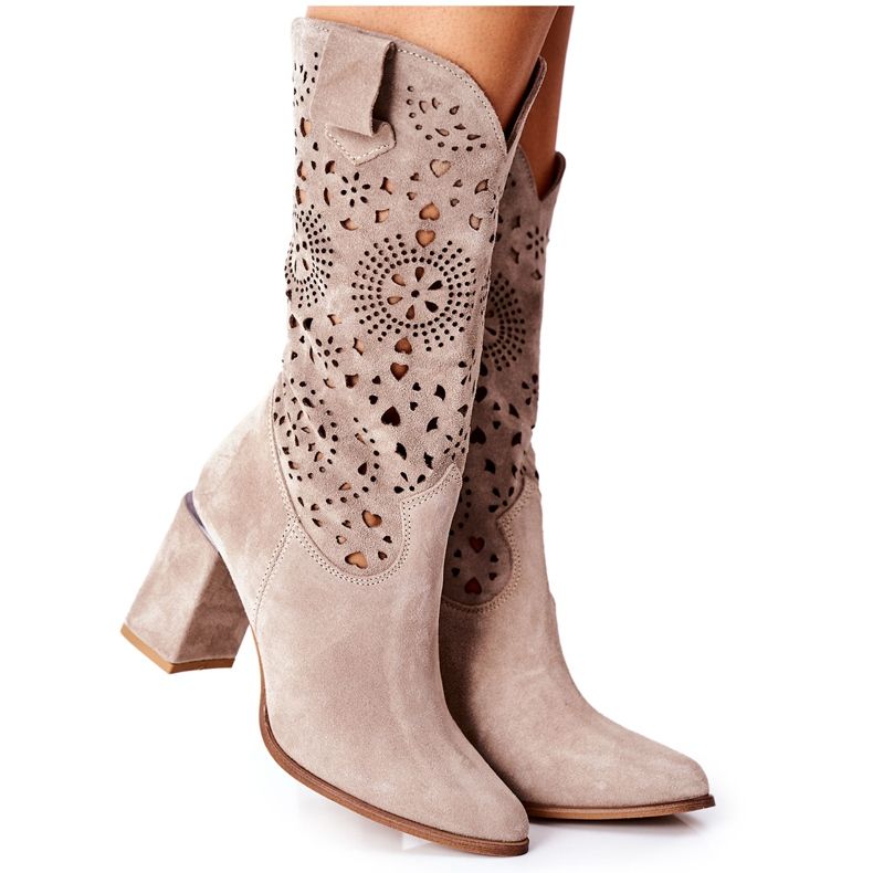 Lewski Shoes Cizme de piele pentru femei pentru femei cu toc Cappuccino Lewski 2923 Pick Me Up bej