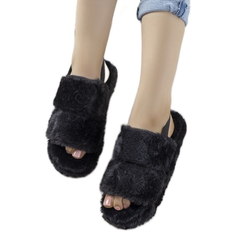 Papuci negri pentru femei, cu bandă elastică și garnitură de blană Rosales negru