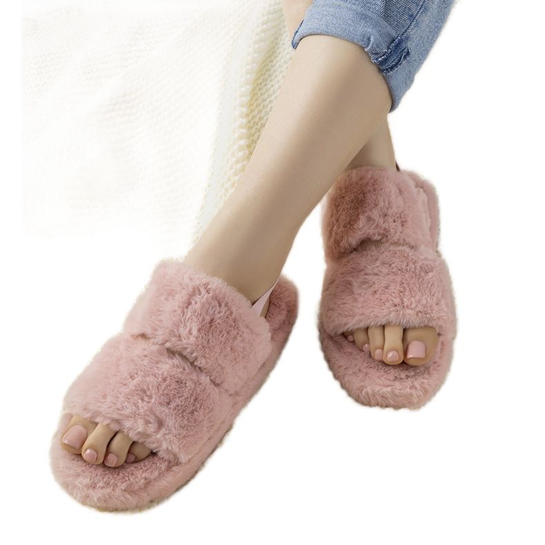 Papuci de damă roz cu bandă elastică și blană Rosales