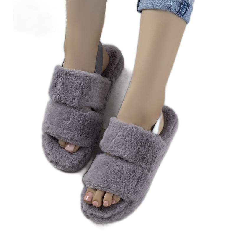 Papuci de damă gri, cu bandă elastică și blană Rosales Papuci de damă gri, cu bandă elastică și blană Rosales